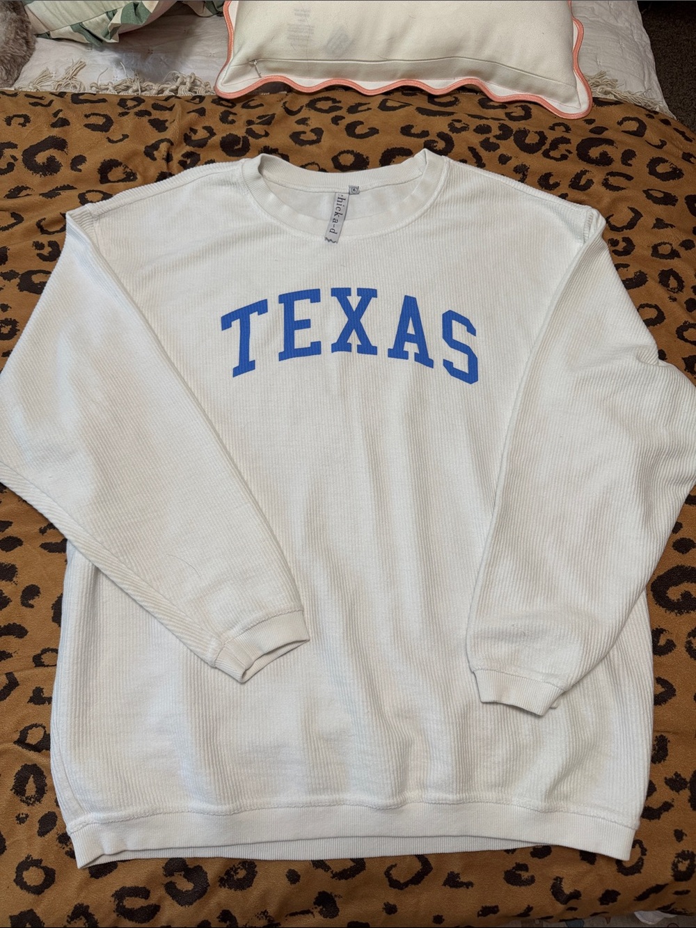 White Crewneck Sweater with Blue TEXAS Logo
